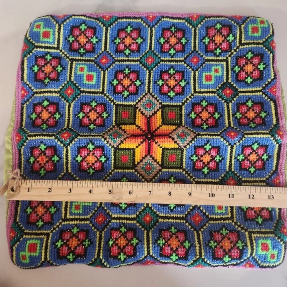 Vibrant Geometric Embroidered Pillow Cover Accent Cushion Case‎ handmade vintage